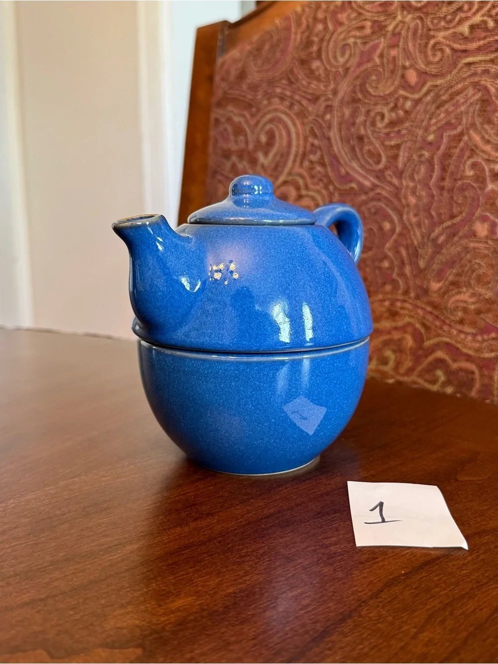 Pier 1 Blue Stoneware Tea for One Stackable 3-Piece Set with Teapot, Lid and Cup